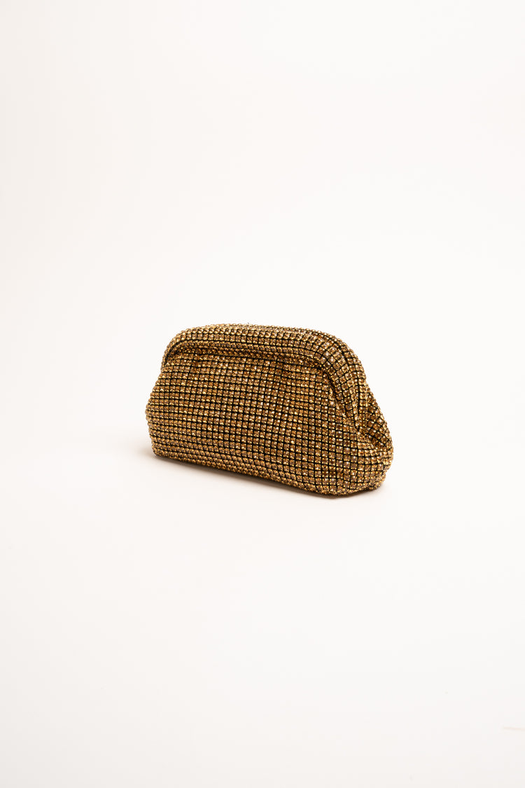 Golden rhinestone-embellished knit clutch bag