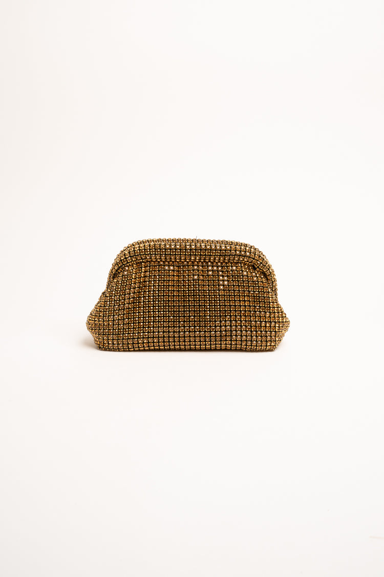Golden rhinestone-embellished knit clutch bag