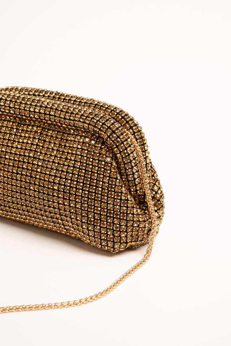 Golden rhinestone-embellished knit clutch bag