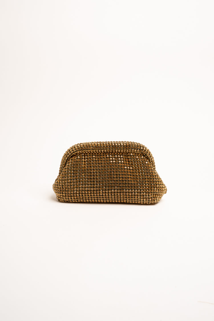 Golden rhinestone-embellished knit clutch bag
