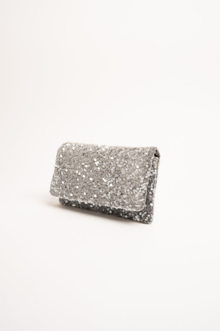 Silver-tone sequin-embellished clutch bag