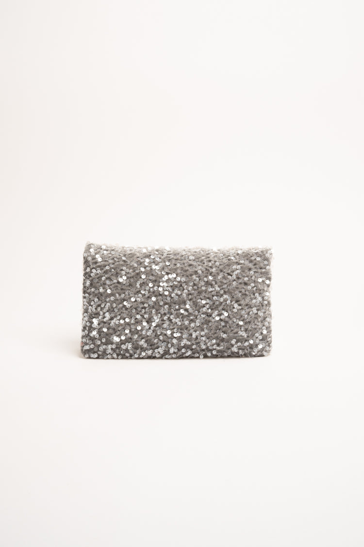 Silver-tone sequin-embellished clutch bag