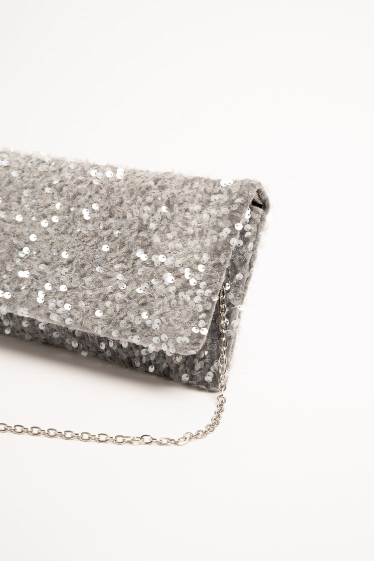 Silver-tone sequin-embellished clutch bag