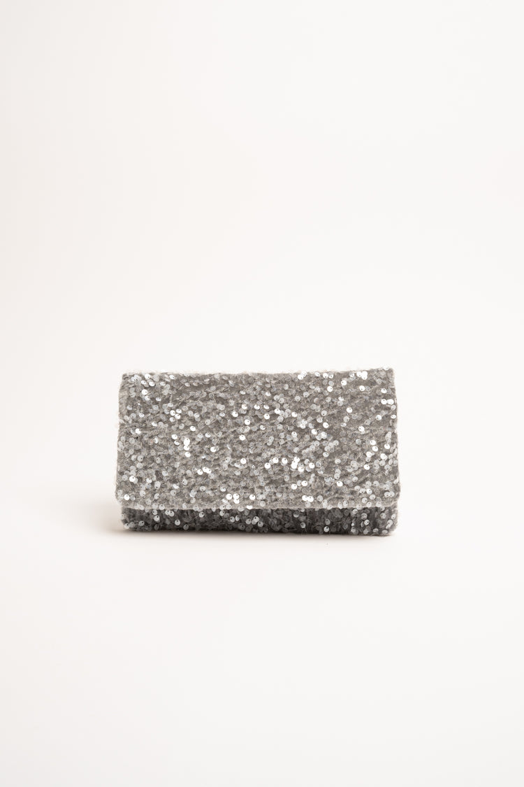 Silver-tone sequin-embellished clutch bag