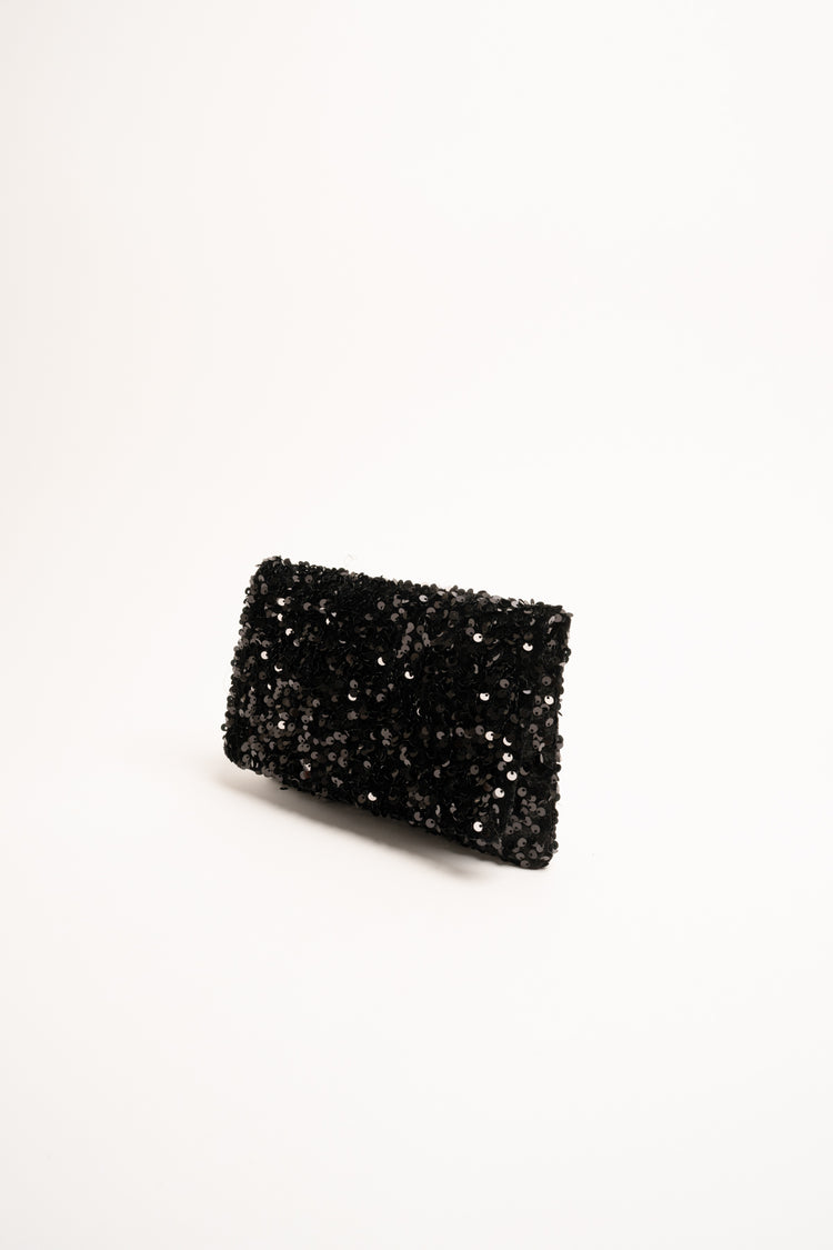 Black sequin-embellished clutch bag