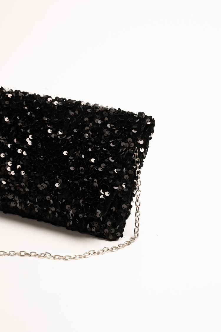 Black sequin-embellished clutch bag