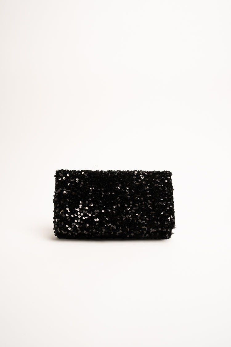 Black sequin-embellished clutch bag