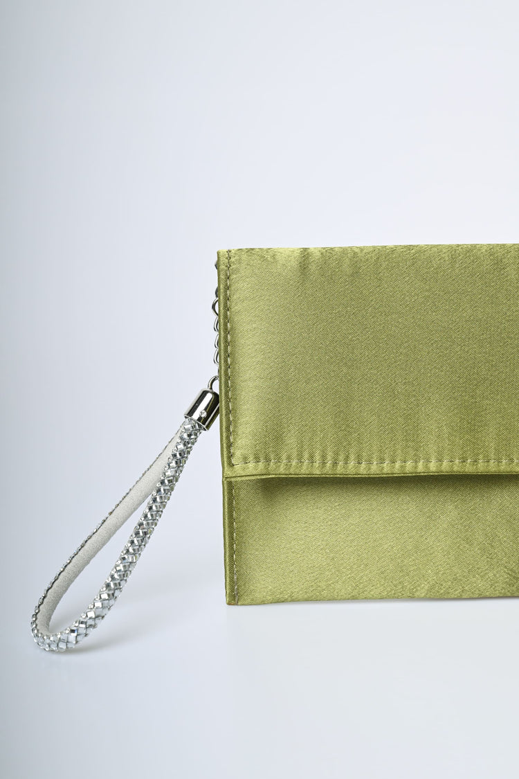 Rhinestone handle satin clutch bag
