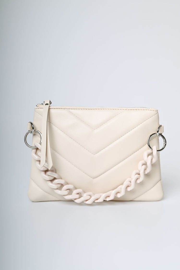 Chain-handle chevron motif clutch bag