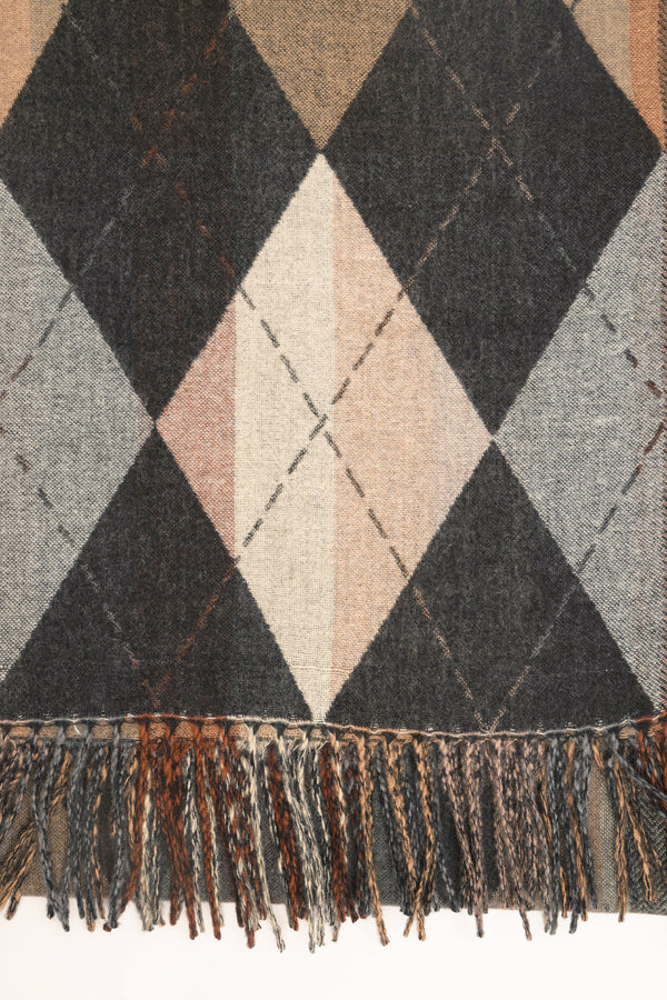Black-beige-grey diamond-pattern scarf with fringe