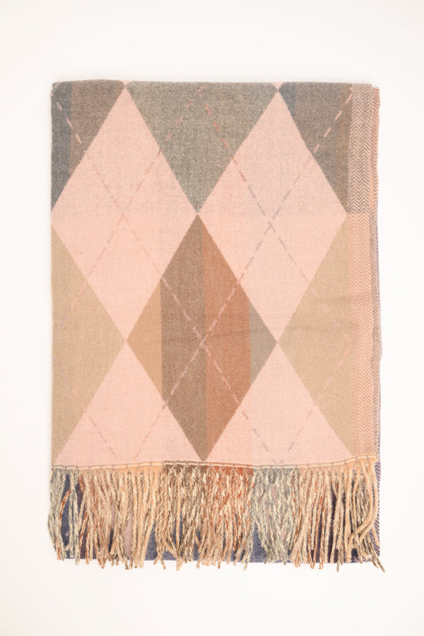 Pink-beige-grey diamond-pattern scarf with fringe
