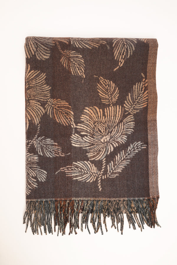 Brown-camel floral scarf with fringe
