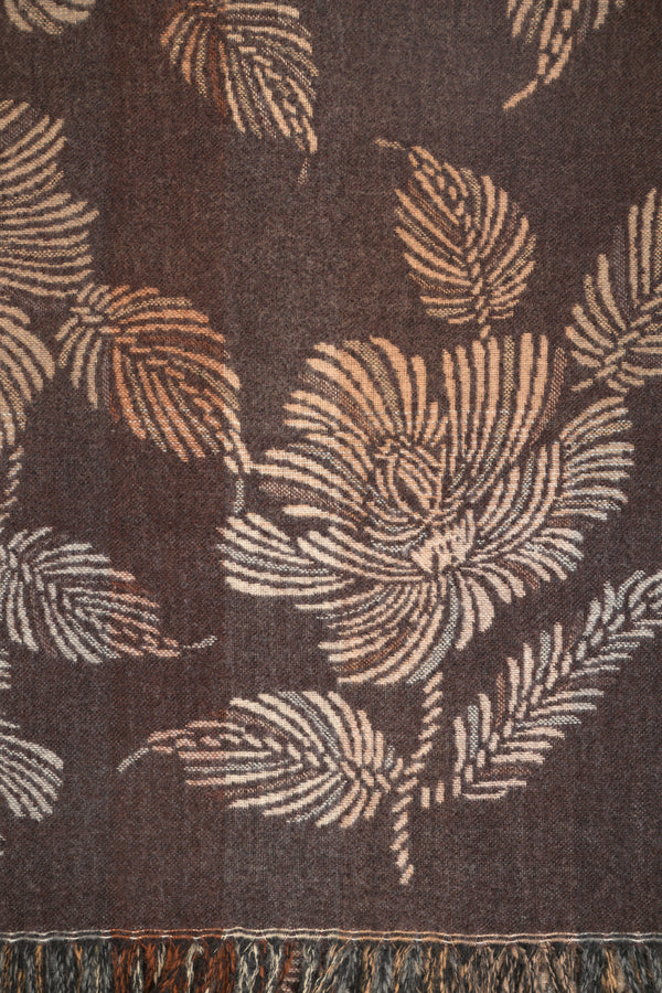Brown-camel floral scarf with fringe