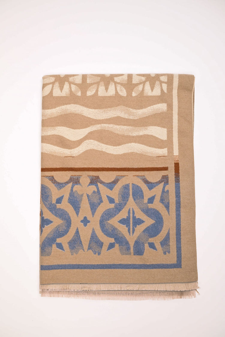 Sand geometric-floral jacquard scarf