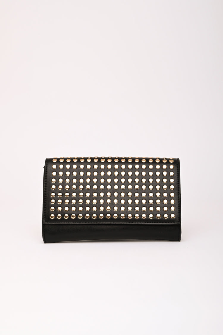 Flat studs black faux leather clutch bag