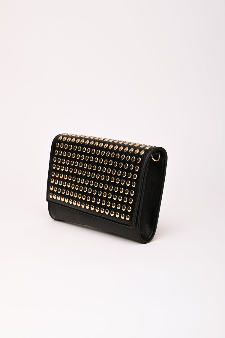 Flat studs black faux leather clutch bag