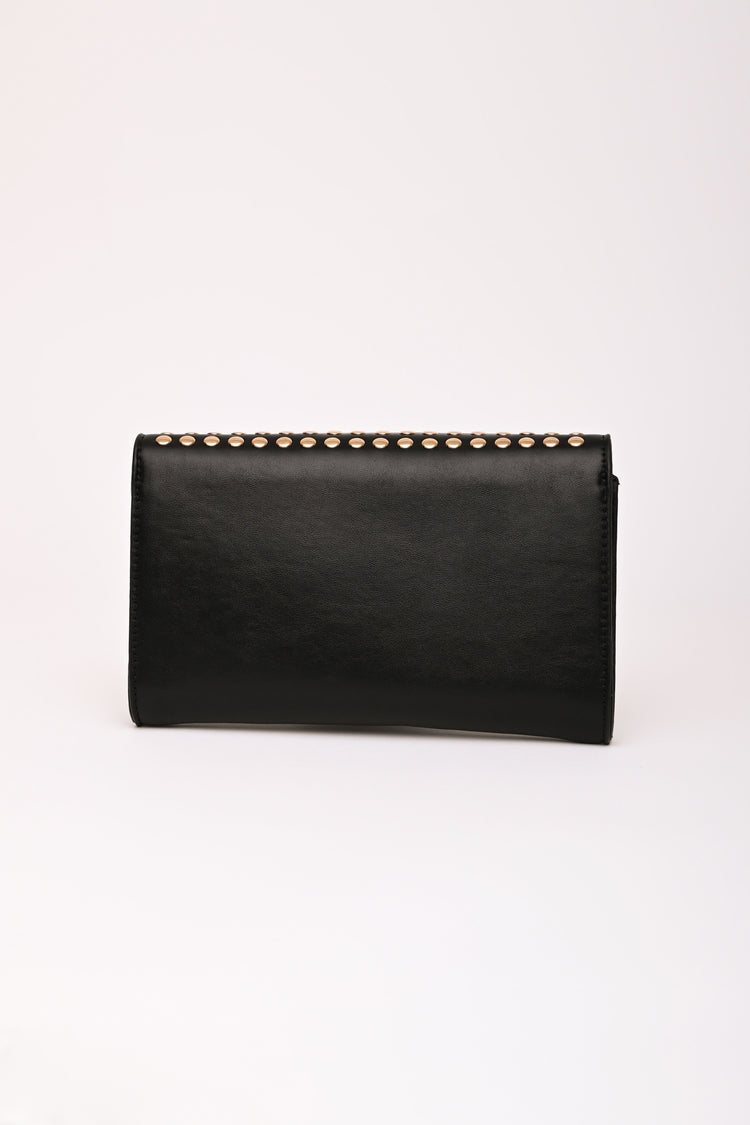 Flat studs black faux leather clutch bag