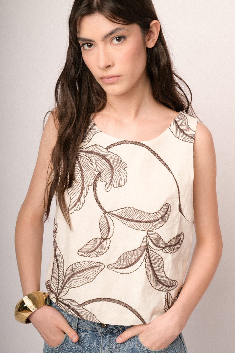 Top cotone fantasia ricamo palm