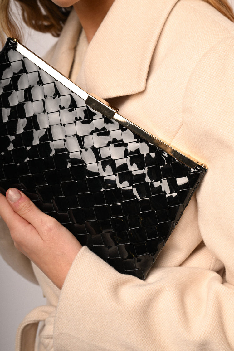 Woven faux patent leather clutch bag