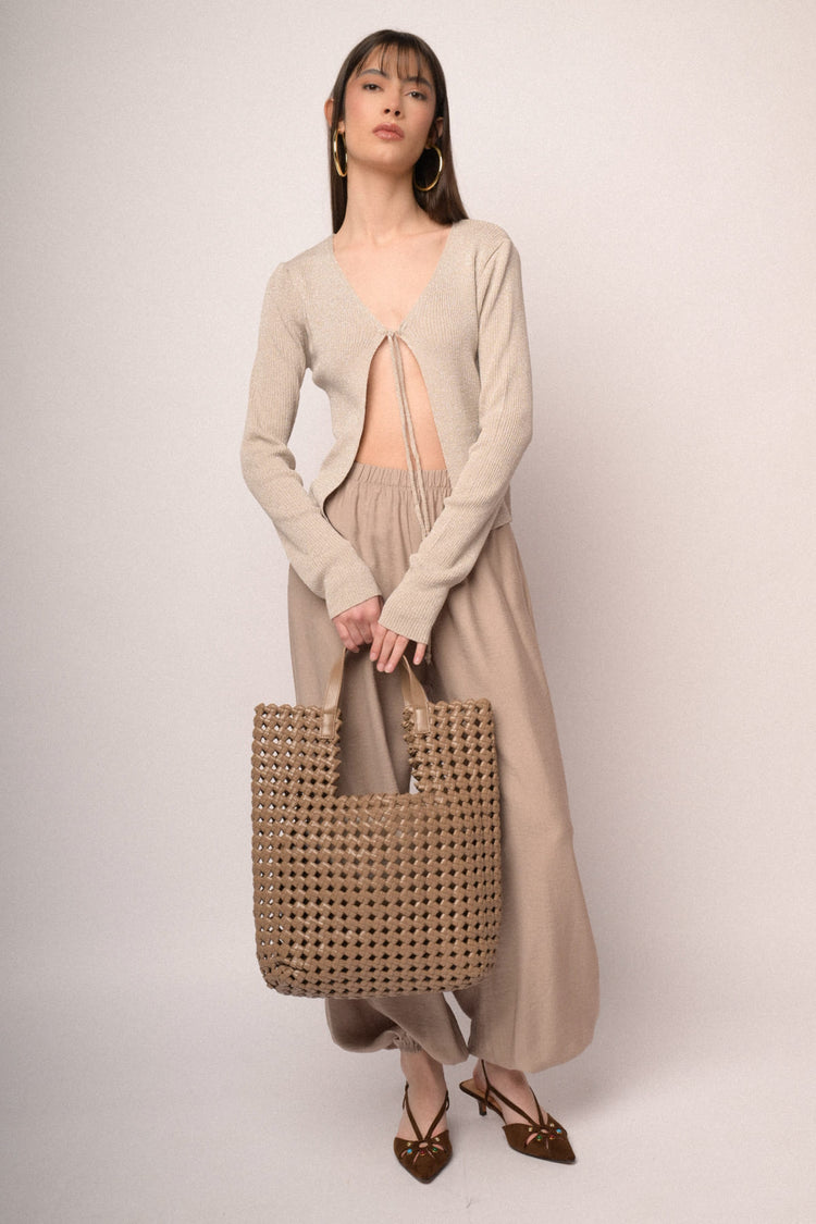Beige woven faux leather large tote bag
