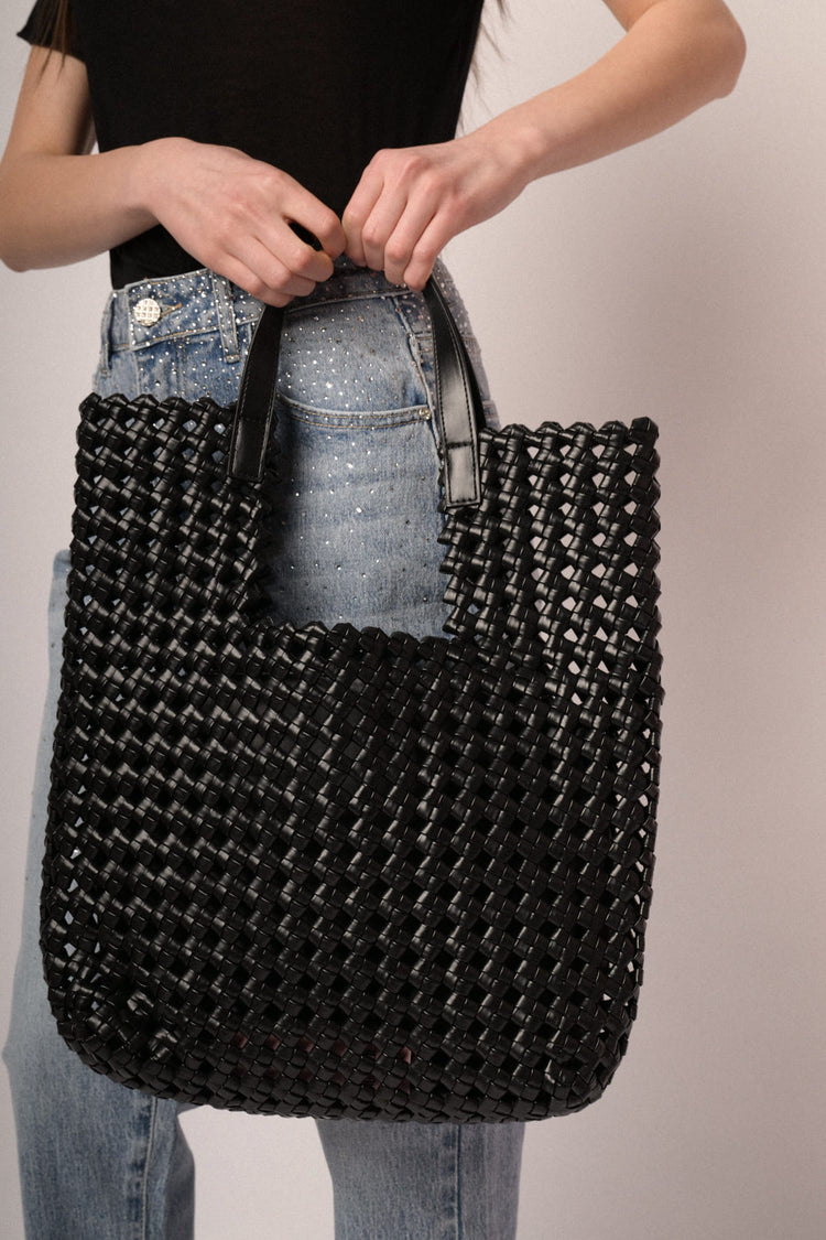 Black woven faux leather large tote bag
