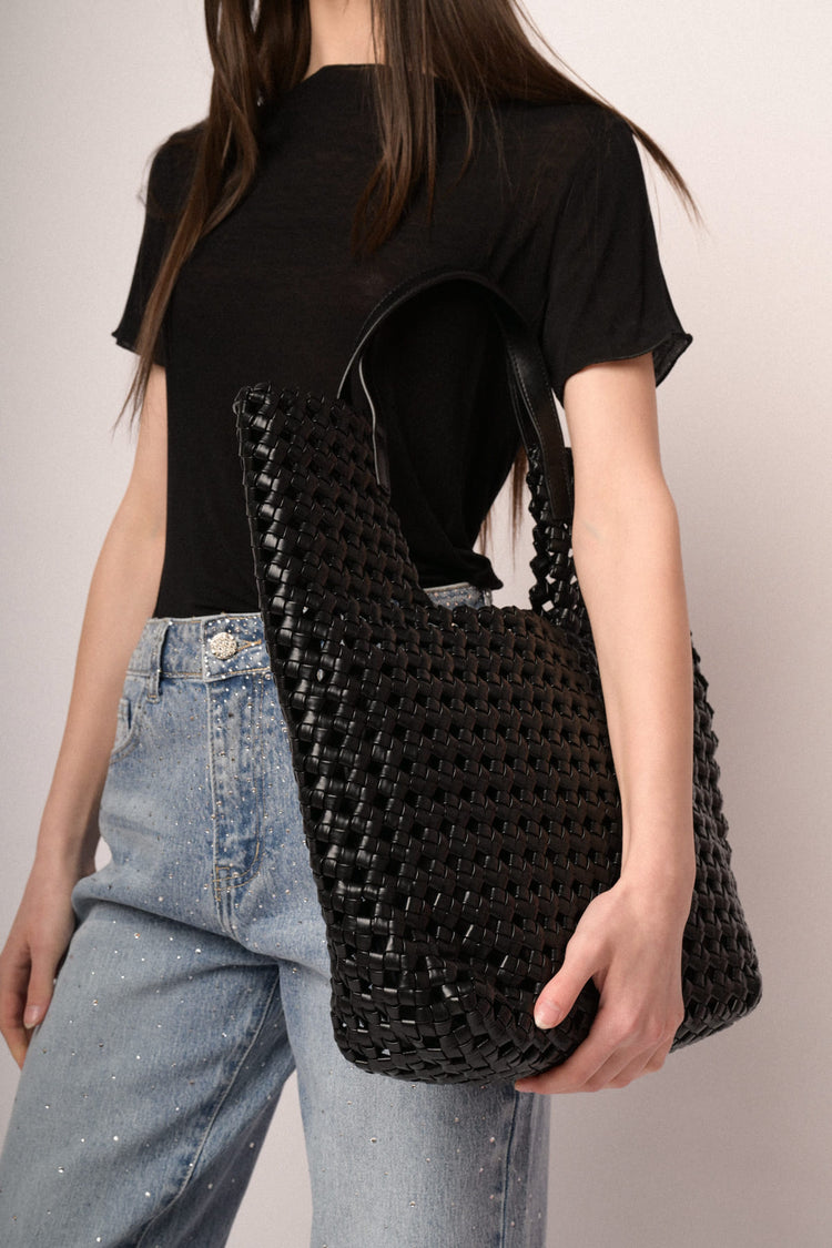 Black woven faux leather large tote bag