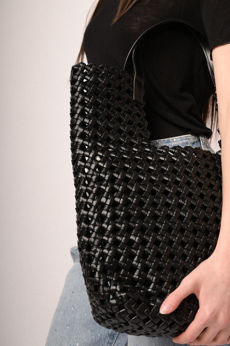 Black woven faux leather large tote bag