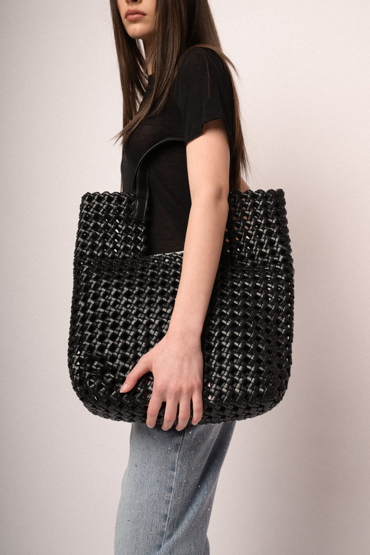 Black woven faux leather large tote bag