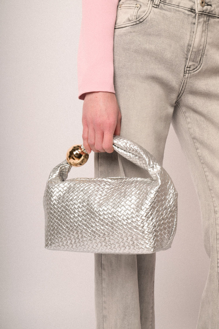 Golden detail silver-tone woven motif handbag