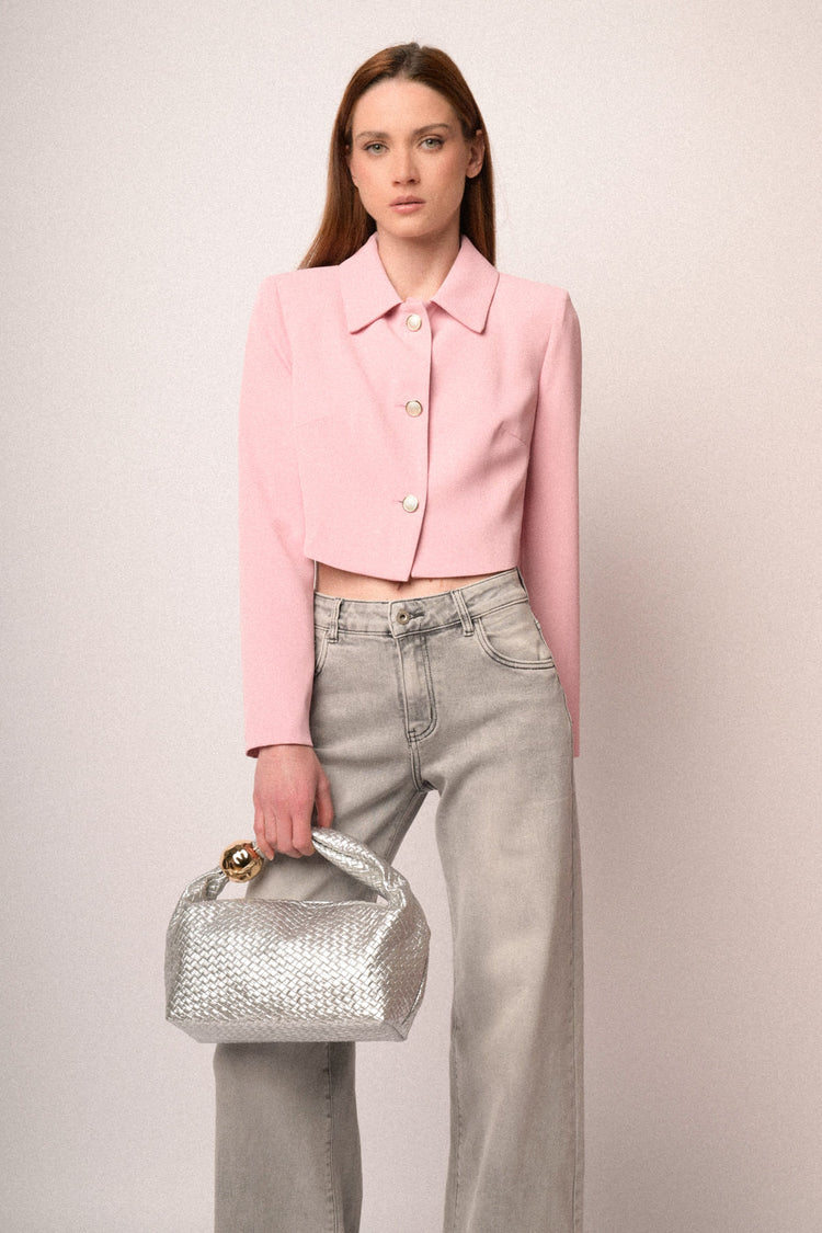 Golden detail silver-tone woven motif handbag