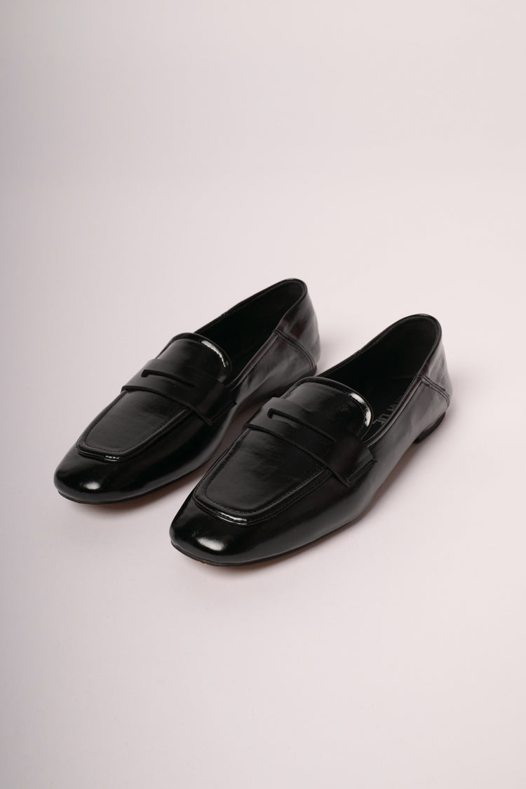 Black faux patent leather loafers