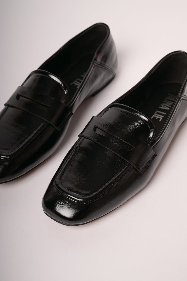 Black faux patent leather loafers