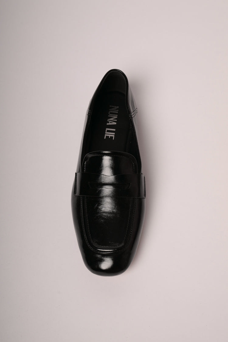 Black faux patent leather loafers