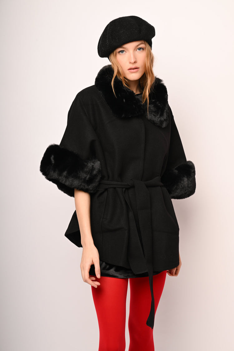 Faux fur trimmed & belted cape