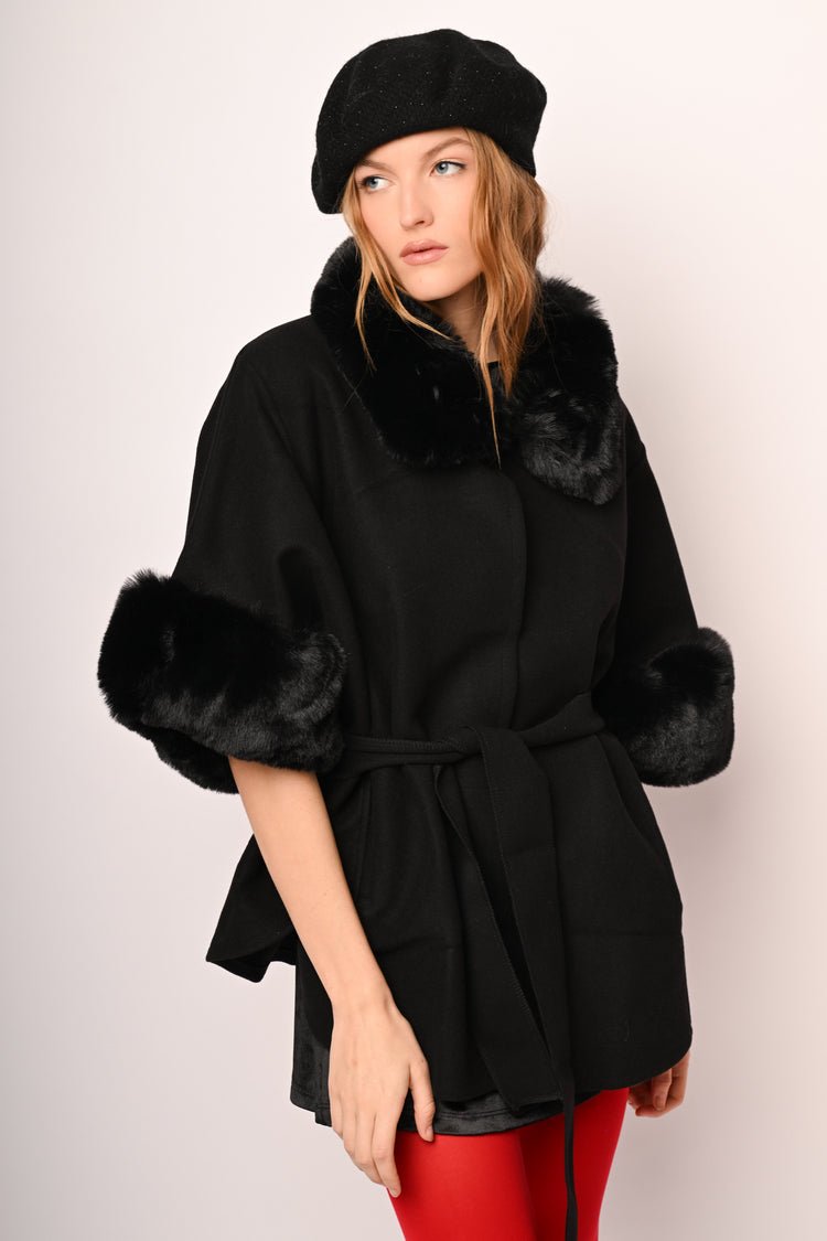 Faux fur trimmed & belted cape