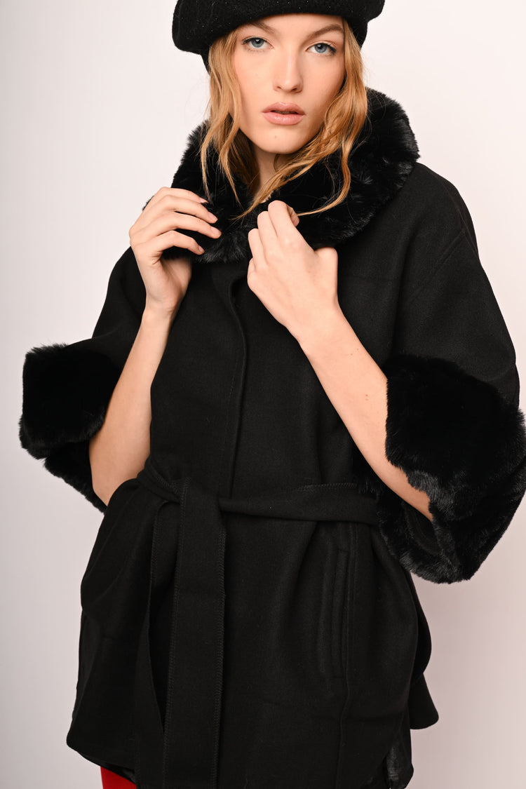 Faux fur trimmed & belted cape