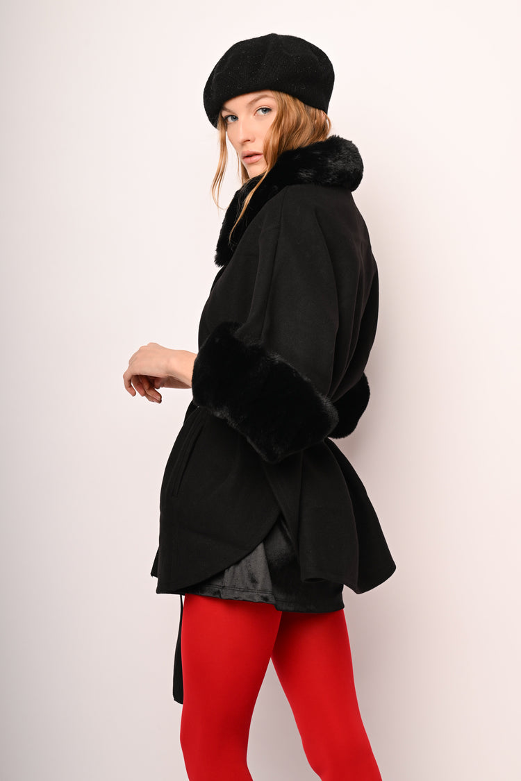 Faux fur trimmed & belted cape