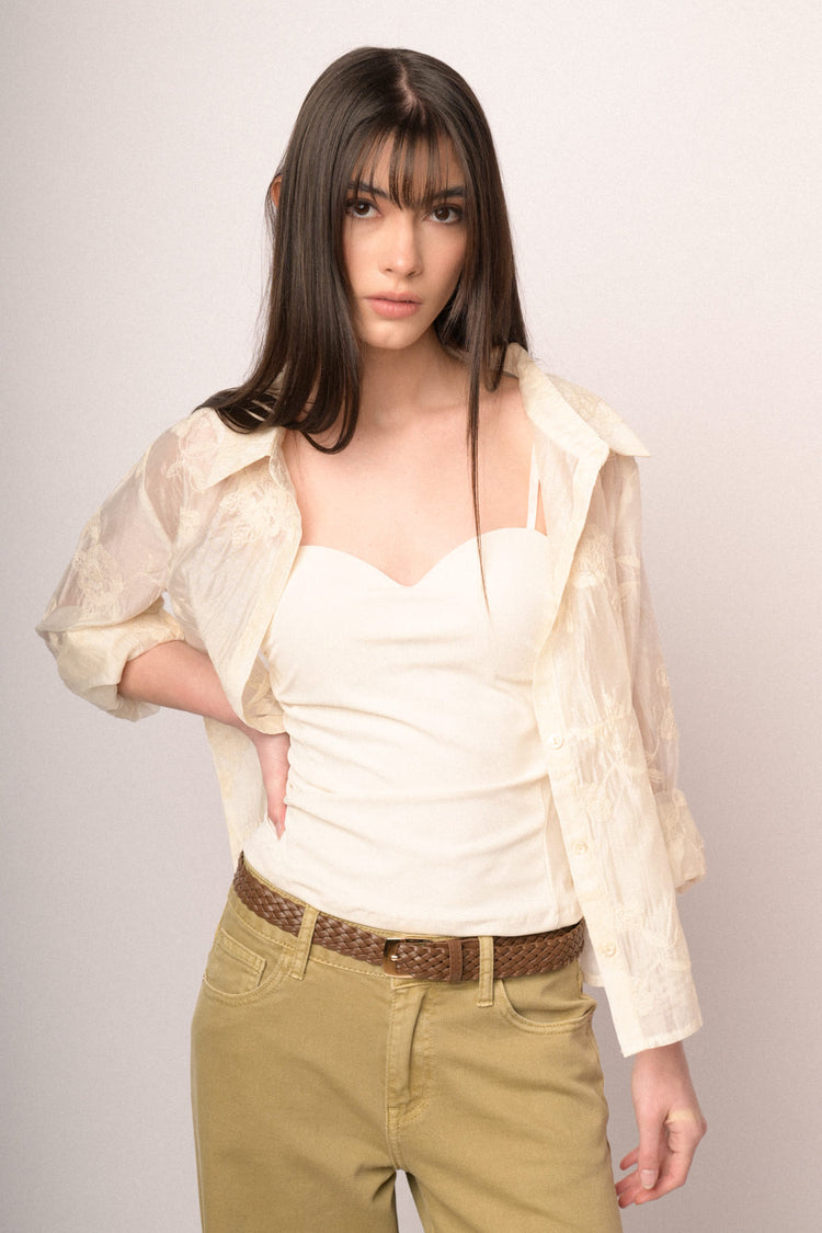 Beige embroidered organza shirt