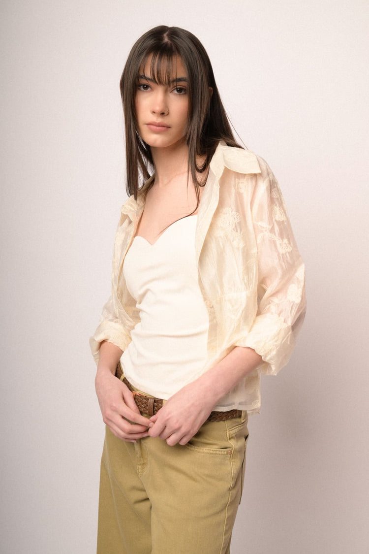 Beige embroidered organza shirt