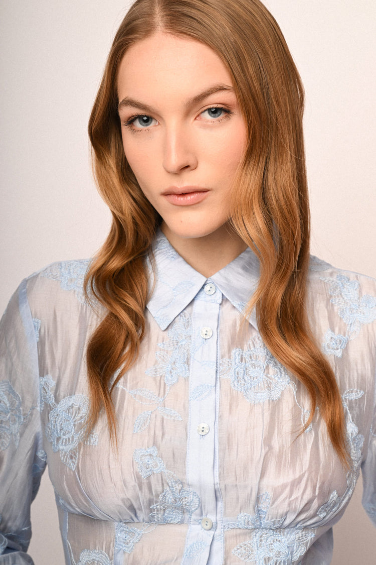 Sky blue embroidered organza shirt
