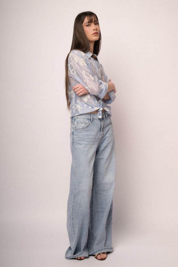 Embroidered sky blue lyocell-blend organza shirt