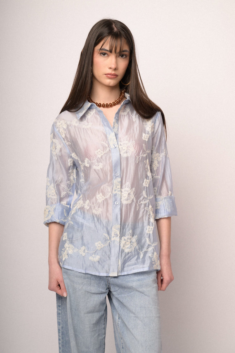 Embroidered sky blue lyocell-blend organza shirt