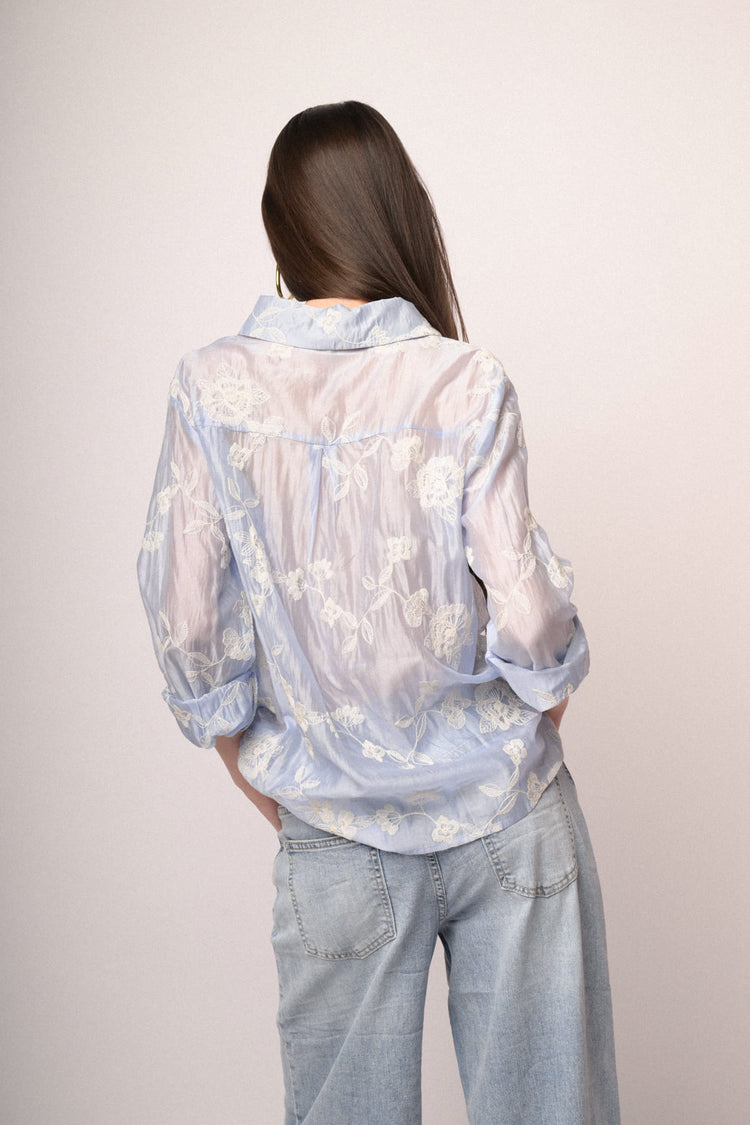Embroidered sky blue lyocell-blend organza shirt