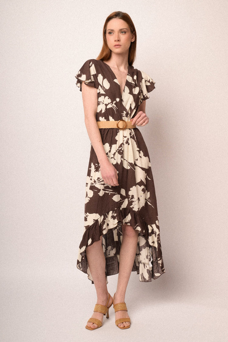 Brown floral asymmetric dress