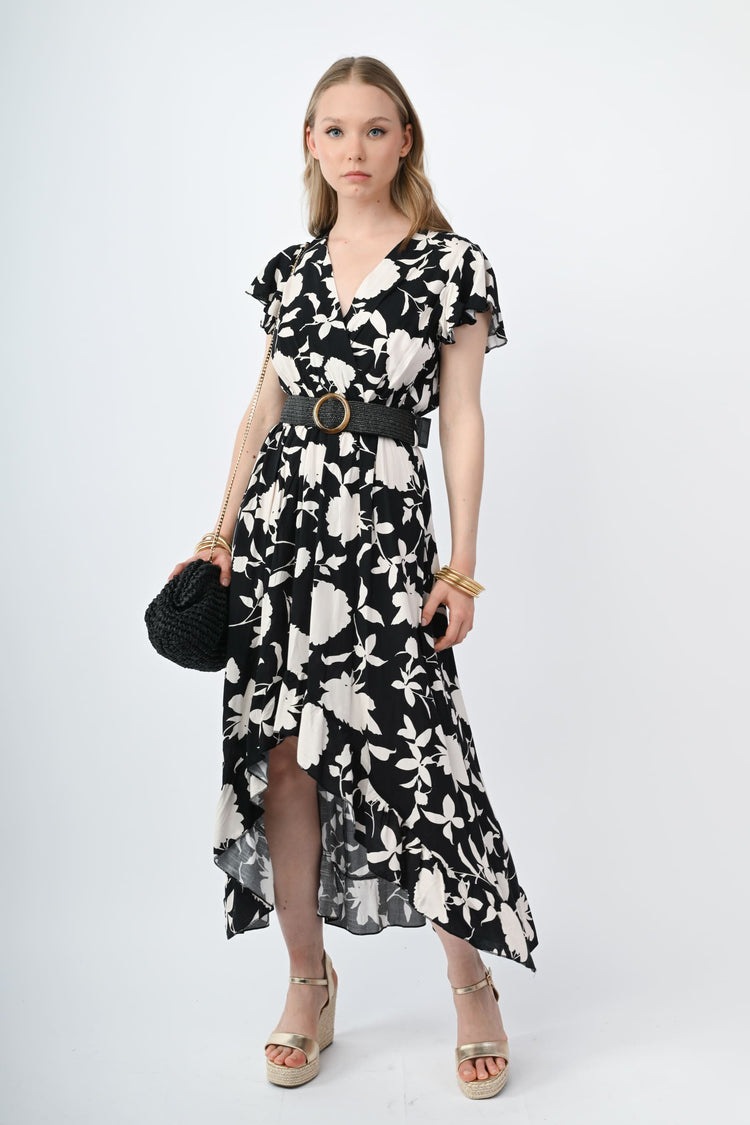 Belted floral print high-low dress