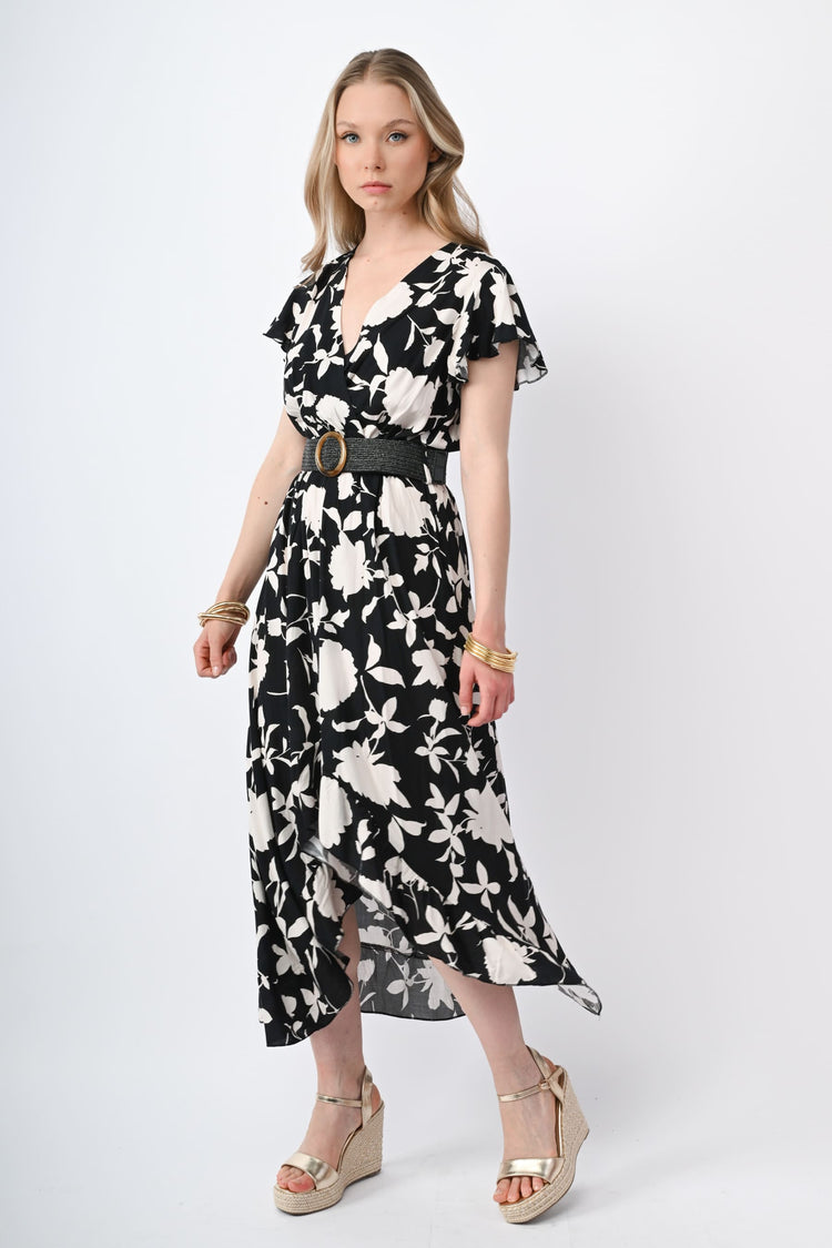 Belted floral print high-low dress