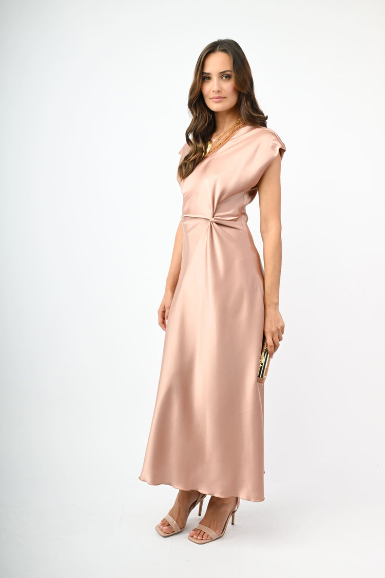 knot detail satin dress Women's Black Satin V Neck Knot Detail Maxi Dress