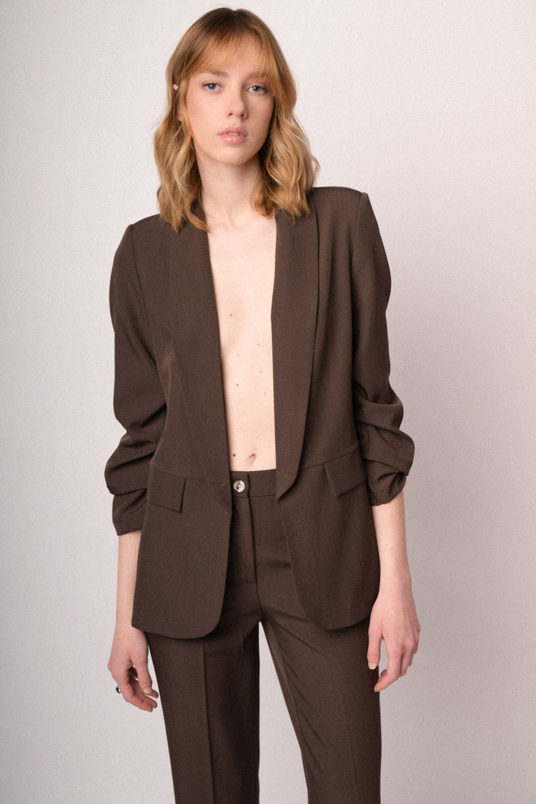 Chocolate cropped & gathered sleeved blazer