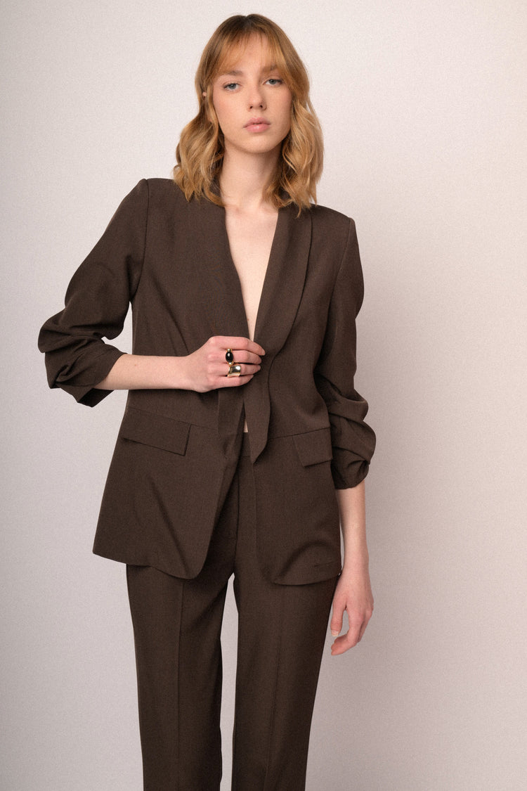 Chocolate cropped & gathered sleeved blazer