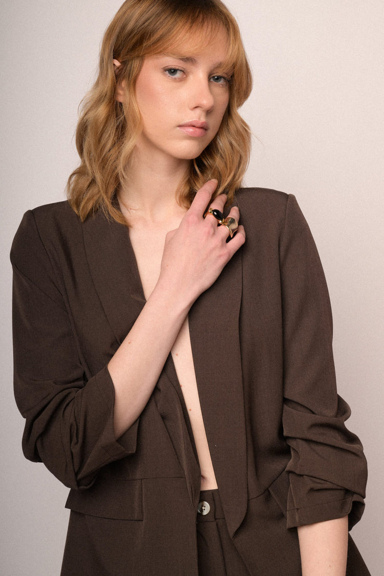 Chocolate cropped & gathered sleeved blazer